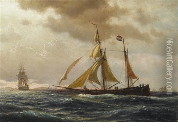 A Merchant Brig In A Rough Sea Oil Painting - Johann Erik Christian Petersen