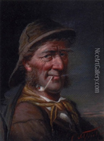 Portrait Of An Old Seaman Smoking A Pipe Oil Painting - Carl Schleicher