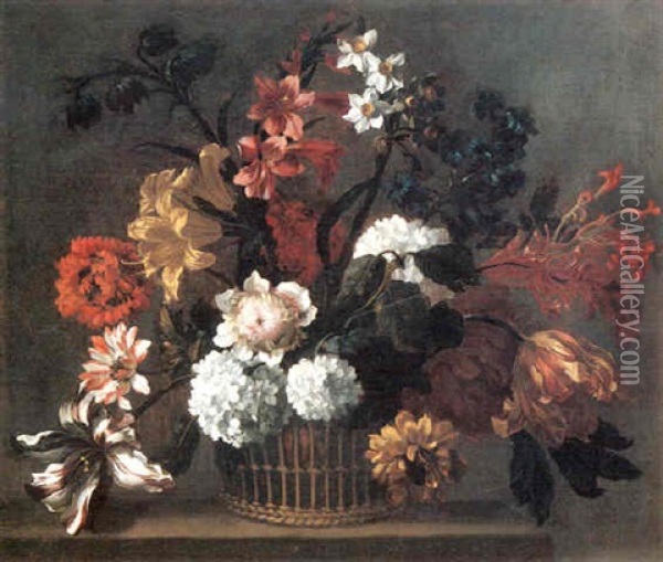 Lilies, Narcissus, Tulips, Hy-drangeas And Other Flowers In A Basket On A Ledge Oil Painting - Jean-Baptiste Monnoyer