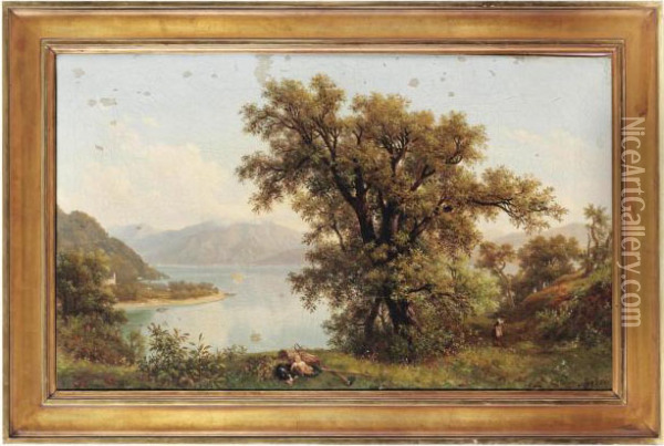 A Child And Hound Resting By A Lake In A Mountainous Landscape, A Village Beyond Oil Painting - D'Azeglio Massimo