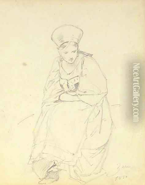 A seated peasant girl looking down Oil Painting - Mihaly von Zichy