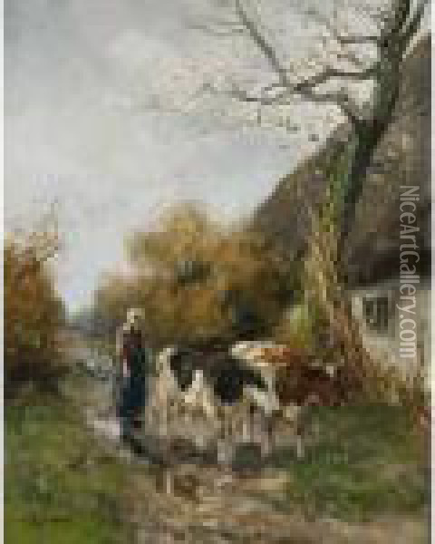 A Peasant Woman With Her Cattle Near A Farm Oil Painting - Willem George Fred. Jansen