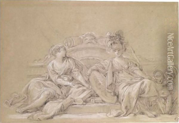 A Decorative Design With Minerva And History Attended By A Putto Oil Painting - Francois Boucher