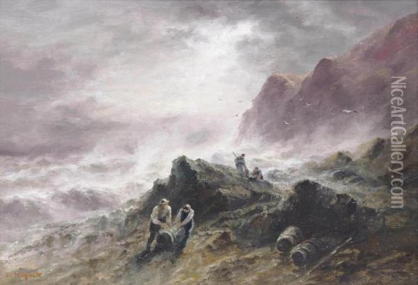 Salvagers Hauling Barrels Onto The Rocks, Jersey Oil Painting - S.L. Kilpack