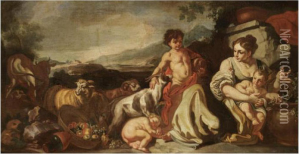 A Landscape With A Peasant Family And Their Animals Oil Painting - Francesco Solimena