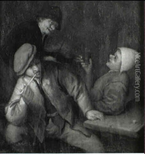 Three Peasants Drinking And Smoking In An Interior Oil Painting - Adriaen Jansz van Ostade
