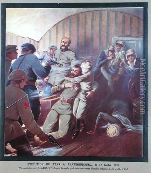 Execution of Tsar Nicholas II 1868-1918 and his Family at Yekaterinburg, 17th July 1918, from Histoire des Soviets by H. de Weindel, 1923-24 Oil Painting - S. Sarmat
