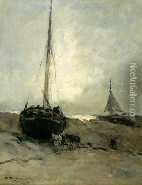 Beached Boats Under A Grey Sky Oil Painting - Jan Hendrik Weissenbruch