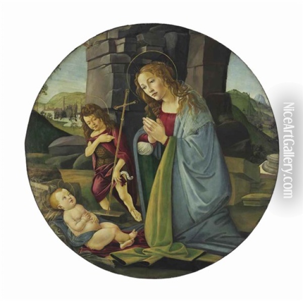 The Madonna Adoring The Christ Child With The Young Saint John The Baptist (in Collab. W/studio) Oil Painting - Sandro Botticelli
