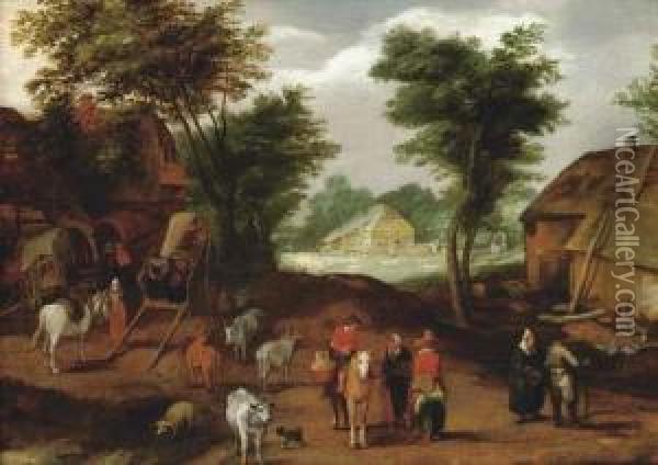 Travellers Conversing In A Village Oil Painting - Adriaan van Stalbemt