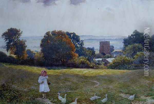 A Little Girl with Ducks in a Meadow Oil Painting - Joseph Kirkpatrick