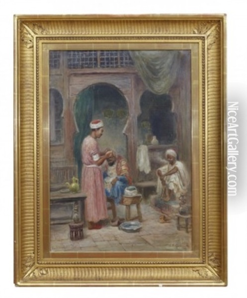 Barberarebutik I Kairo Oil Painting - Frans Wilhelm Odelmark