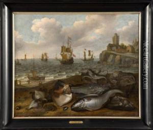 Nature Morte Aux Poissons Devant La Mer Oil Painting - Isaac Willaerts