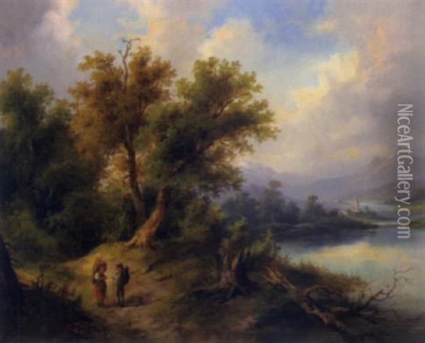 Landschaft Mit Figurlicher Staffage Und Einem Kleinen Dorf Im Hintergrund Oil Painting - Franz Barbarini