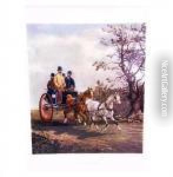 Two Horses Pulling An Open Two 
Wheel Carriage, With A Driver And Three Other Passengers, Along A 
Country Road Oil Painting - Henry Thomas Alken