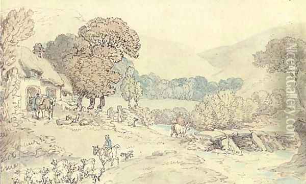 A river landscape with a drover with sheep in the foreground; possibly Cornwall Oil Painting - Thomas Rowlandson