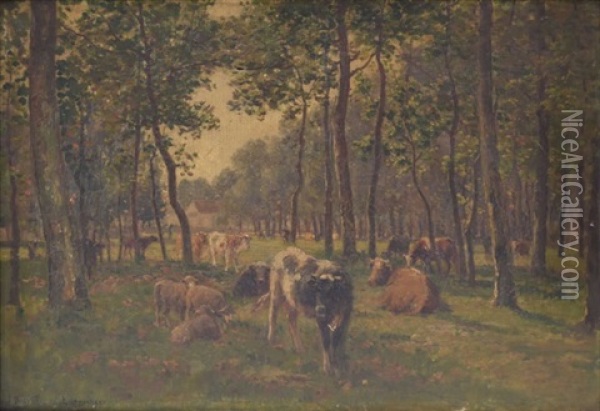 Vaches Sous Les Arbres Oil Painting - James Desvarreux-Larpenteur
