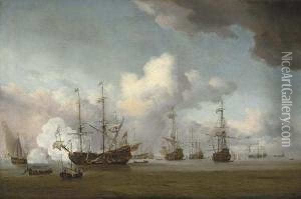 A Fleet Of Dutch Men-o'-war At Anchor Oil Painting - Willem van de, the Elder Velde
