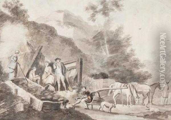 Men And Women At Rest At The Entrance To A Mine Oil Painting - Amos Green