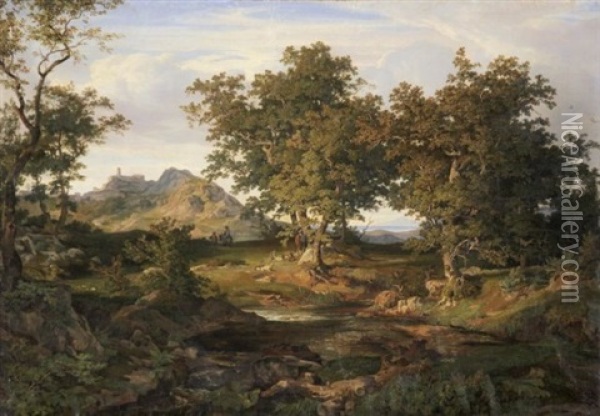 Italienische Landschaft In Kustennahe. Im Sonnenschein Ein Rastender Ziegenhirt, Im Hintergrund Ein Felsendorf Oil Painting - August Lucas