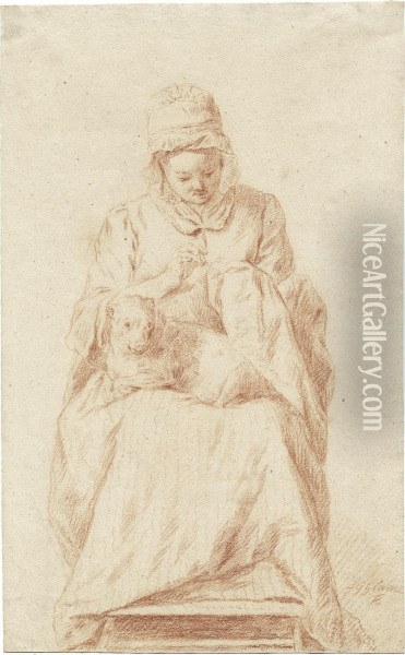 Junge, Stickende Frau Mit Hund Oil Painting - Johann Gottlieb Glume