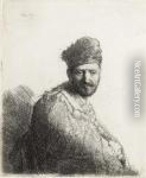 Bearded Man, In A Furred Oriental Cap And Robe Oil Painting - Rembrandt Van Rijn