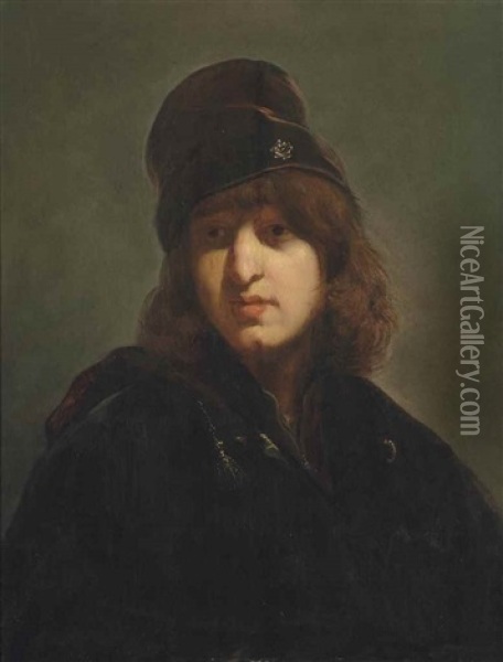Portrait Of A Young Man, Half-length, In A Brown Hat With A Gold Button Oil Painting -  Rembrandt van Rijn