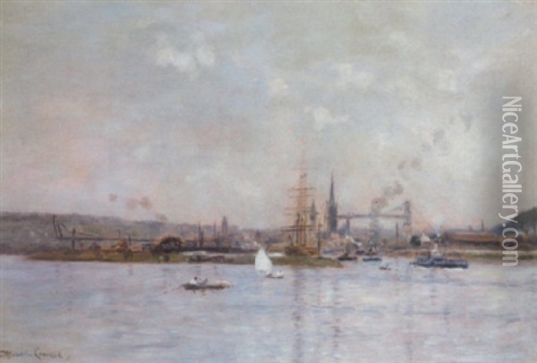 A Calm Day On The River With A Busy Town Beyond Oil Painting - Maurice Francois Auguste Courant