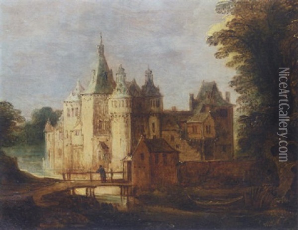 A Landscape With A Moated Castle And Figures On A Bridge Oil Painting - Joos de Momper the Younger