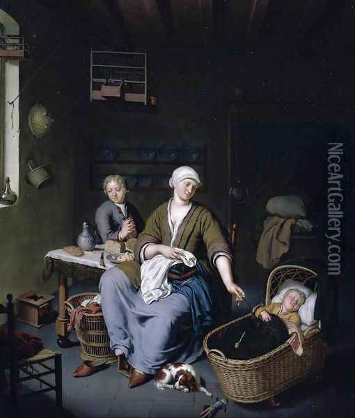 Interior with a Mother Attending her Children 1728 Oil Painting - Willem van Mieris