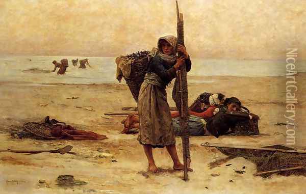 Oyster Catching, 1884 Oil Painting - Pierre Celestin Billet