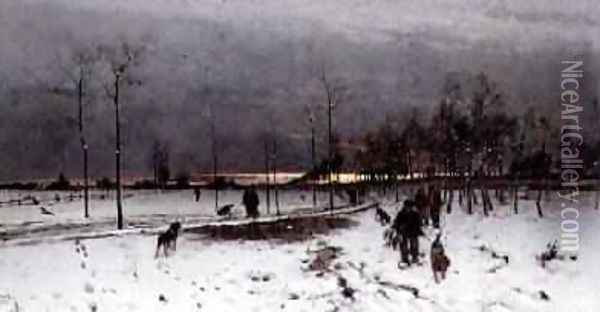 Hunters with their dogs in a Winter Landscape at Sunset 1873 Oil Painting - Ludwig Munthe