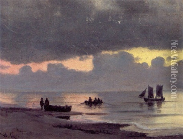 Aftenstemning Med Fiskere Ved Deres Bade Pa Stranden Oil Painting - Carl Ludvig Thilson Locher