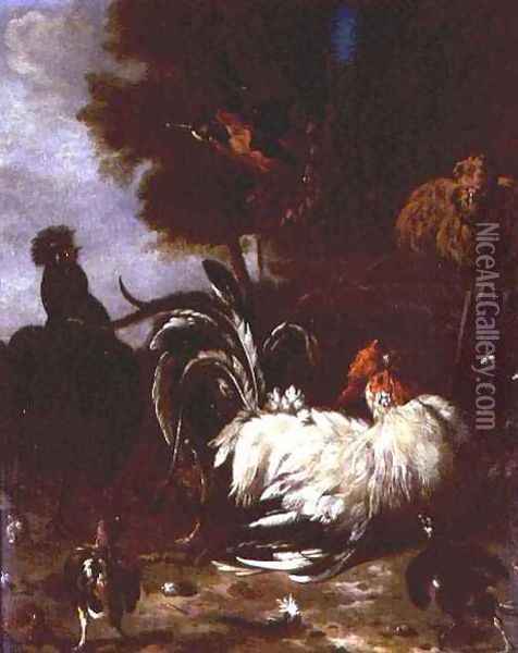 Cockerel and other poultry in wooded landscape Oil Painting - Melchior de Hondecoeter