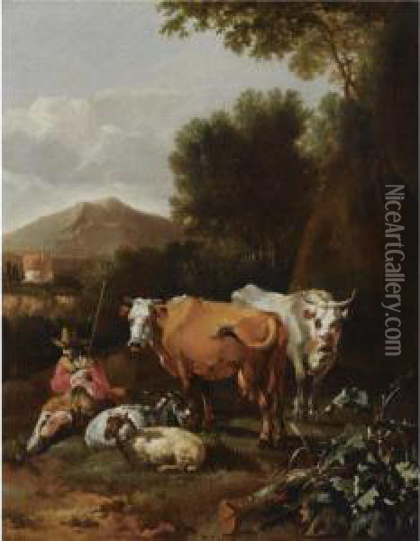 An Italianate Landscape With A Herdsman And His Cattle Resting Neara Tree Oil Painting - Abraham Jansz Begeyn