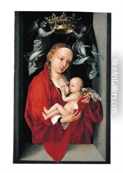 Maria Lactans: The Virgin And Child Crowned By Angels, In A Window Embrasure Oil Painting - Martin Schongauer
