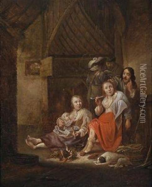Rustic Interior With Figures Near Afireplace Oil Painting - Antonie Palamedesz