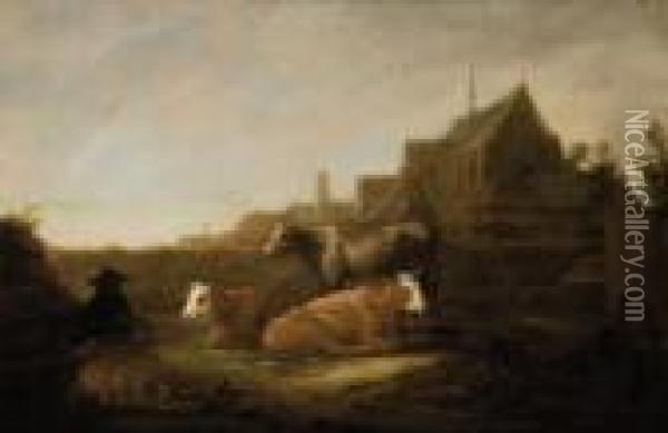 A Herdsman In A Field, The Duitsche Huis And Mariakerk, Utrechtbeyond Oil Painting - Aelbert Cuyp