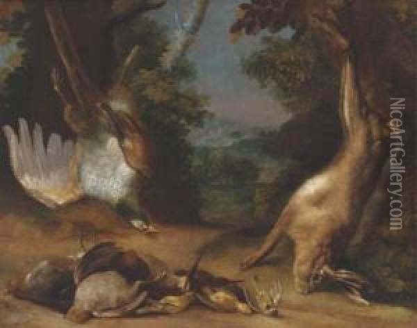 A Dead Hare And Pheasant With Partridge Oil Painting - Peter Von Bemmel