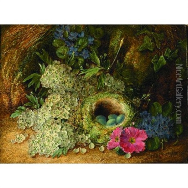 A Still Life With Flowers And A Bird's Nest On A Mossy Bank Oil Painting - Vincent Clare
