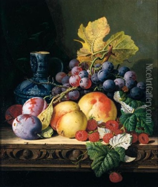 Still Life With A Stoneware Jug, Peaches, Raspberries, Plums And Grapes On A Carved Ledge Oil Painting - Edward Ladell