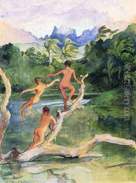 Girls Bathing On The Shore Near Papeete In An Outlet Of The River Fautaua The Diadem Or Crown Mountain In Distance Northwest Wind Blowing Later Afternoon February Oil Painting - John La Farge