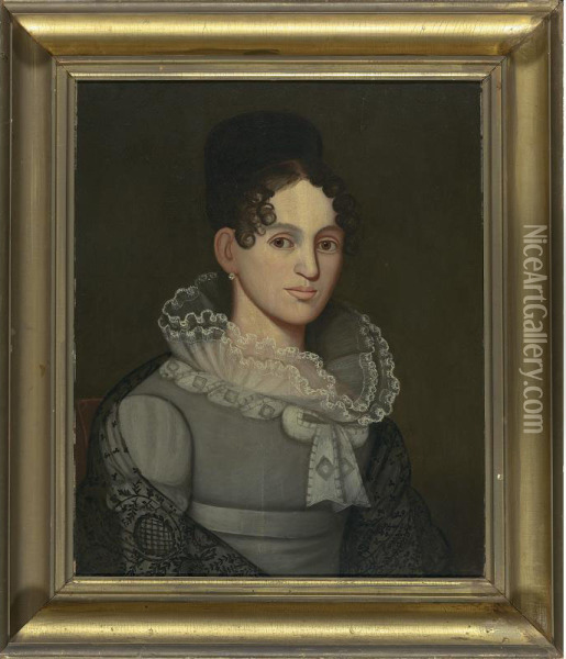 Portrait Of A Young Girl With Ruffled Collar And Black Lace Shawl Oil Painting - Zedekiah Belknap