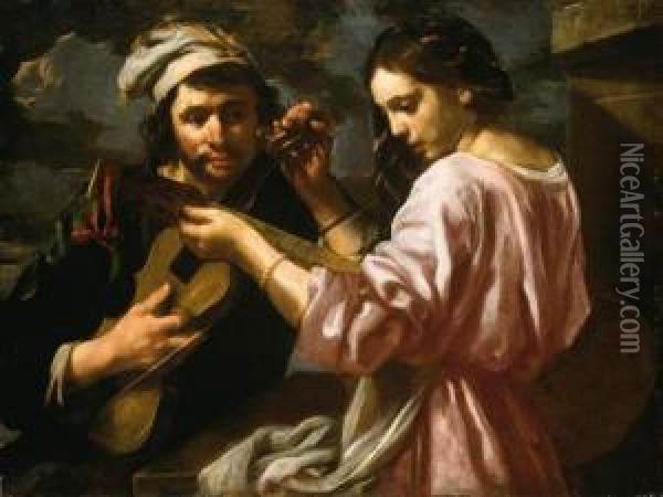 A Young Man And A Girl Tuning Musical Instruments Oil Painting - Bernhard Keil