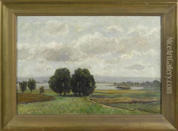 Landscape Of Fields With A Lake In The Background. Oil Painting - Otto Gampert