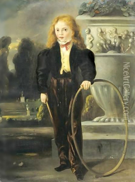 Portrait D'Alexandre Dumas Fils Enfant Tenant Un Cerceau Oil Painting - Louis Boulanger