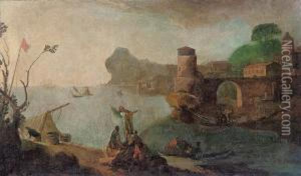 A Classical Harbour Scene Oil Painting - Adriaen Manglard