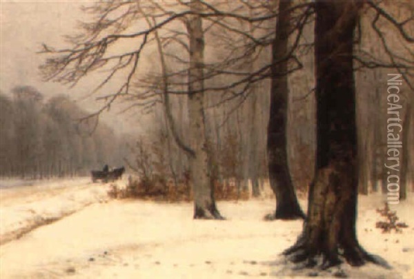 En Vinterdag I Skoven, I Baggrunden Hestek+ret+j Oil Painting - Anders Andersen-Lundby