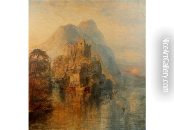 A View Of A Castle Atop A Cliff Stack With Fishing Skiffs To The Foreground And Mountains Beyond Oil Painting - George Blackie Sticks