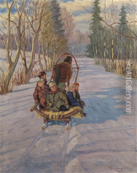 Children On A Sledge Oil Painting - Nikolai Petrovich Bogdanov-Bel'sky